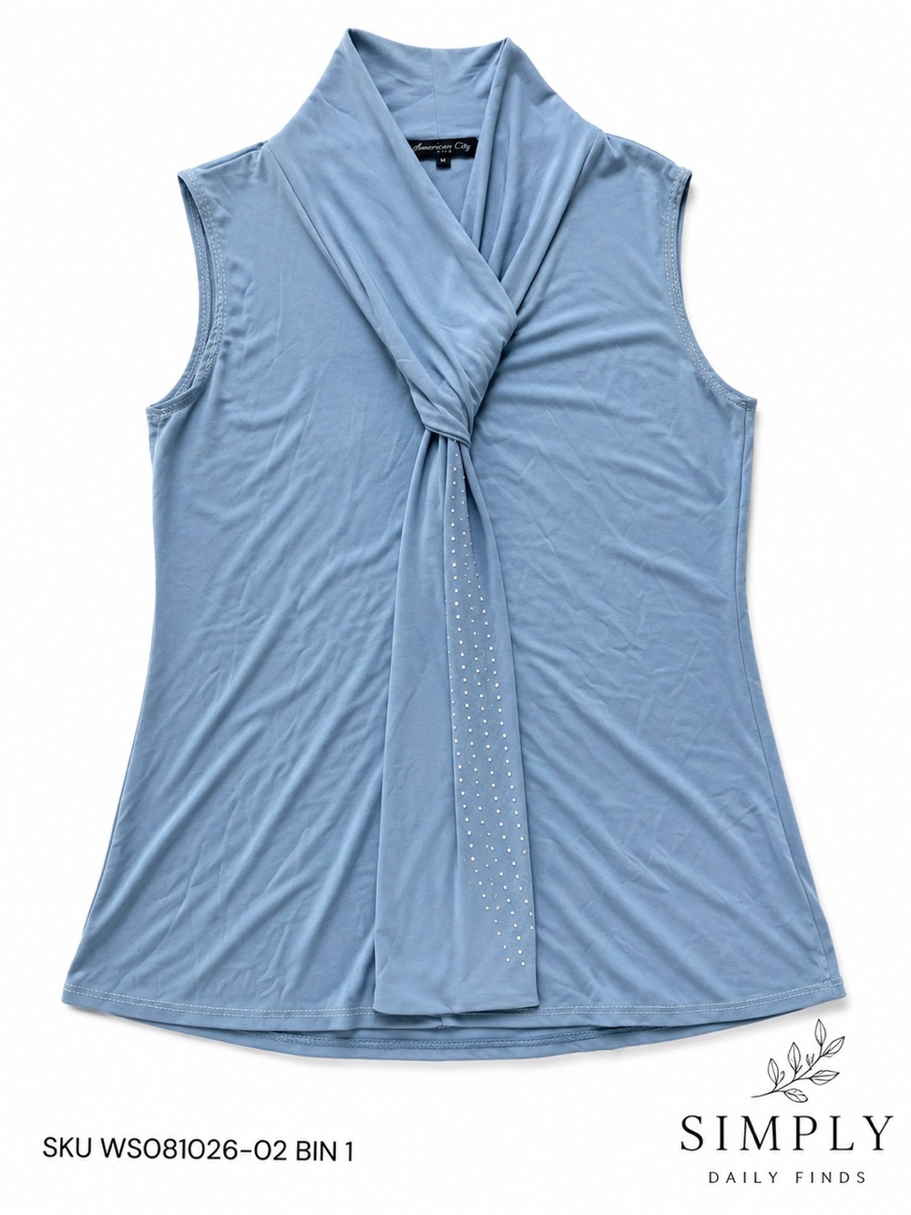 American City Wear Women’s M Blue Rhinestone Tie Neck Sleeveless Blouse Made USA